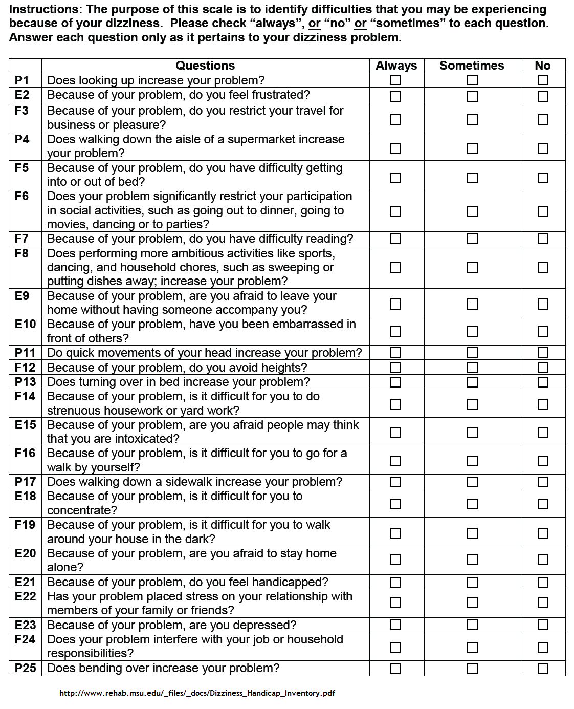 mcid dizziness handicap inventory